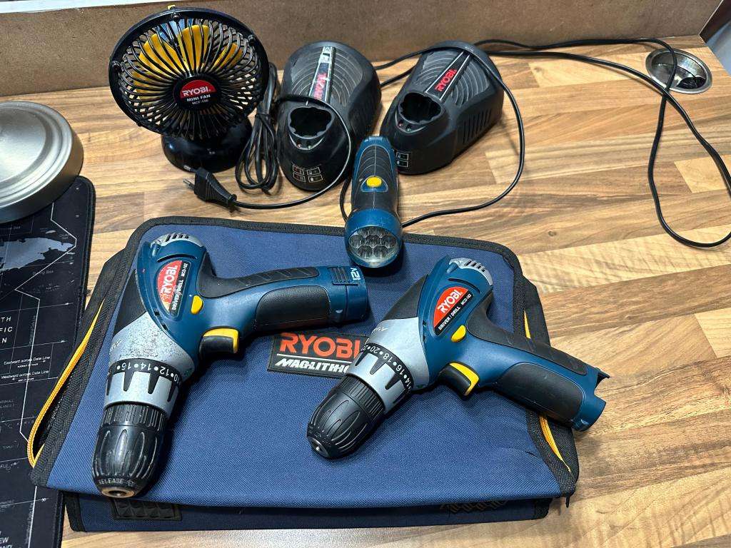 Drills 2 x Ryobi 12v Corless Drill`s + Ryobi Fan + Ryobi Torch + 2 x